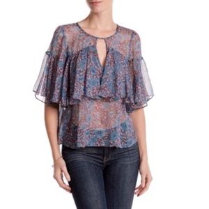 Rebecca Taylor Silk Floral Shibori Sheer Flutter Sleeves Top